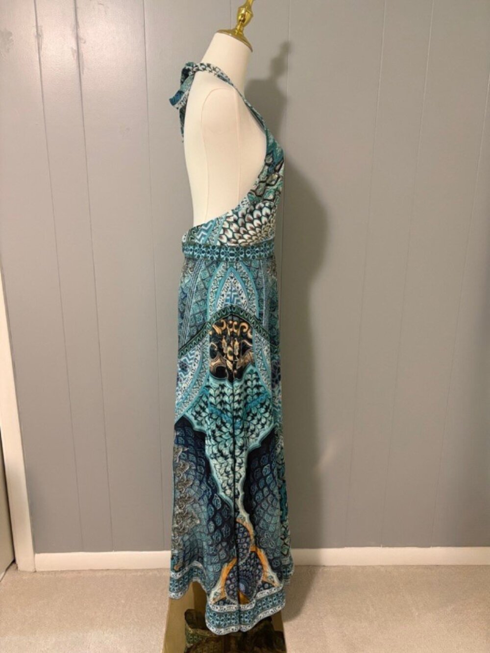 CAMILLA Turn on the Charm Blue Silk Tie Neck Halter Wide Leg Jumpsuit Crystal XS - Picture 9 of 16
